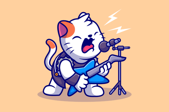 Download Cute Cat Rocker with Guitar Cartoon - Rocker Collection