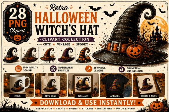 Download 28 Retro Halloween Witch's Hat Clipart - Clipart Collection