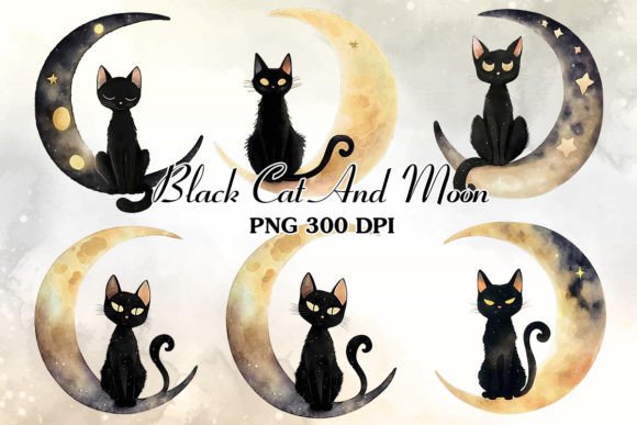 Download Black Cat and Moon Watercolor Clipart - Clipart Collection