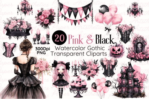Download Pink and Black Watercolor Gothic Clipart - Clipart Collection