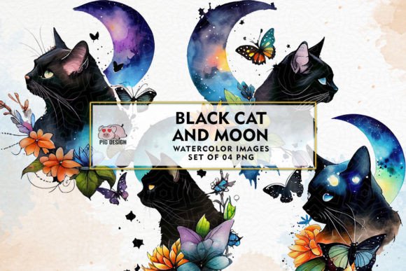 Download Black Cat and Moon Watercolor Clipart - Clipart Collection